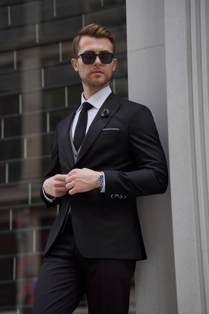 Daniel Black and Gray Wool Suit - Elegant Slim-Fit Three-Piece Ensemble brabion