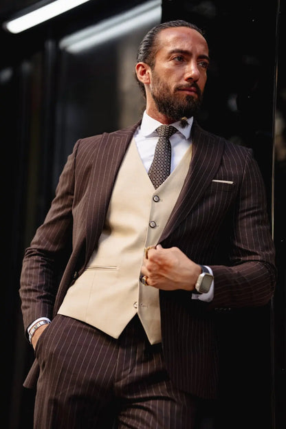 Vespo Beige & Brown Combination Suit - Slim-Fit Three-Piece Elegance brabion