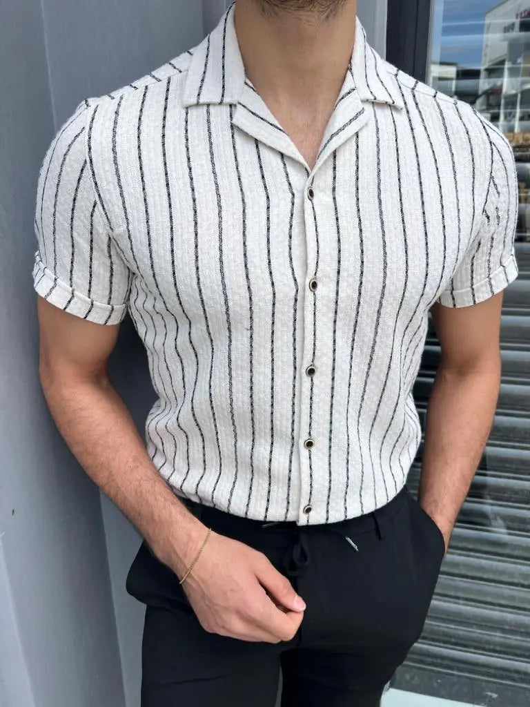 Brabion Lyon White Slim Fit Short Sleeve Striped Cotton Shirt - BRABION