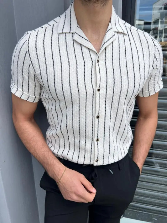 Brabion Lyon White Slim Fit Short Sleeve Striped Cotton Shirt - BRABION
