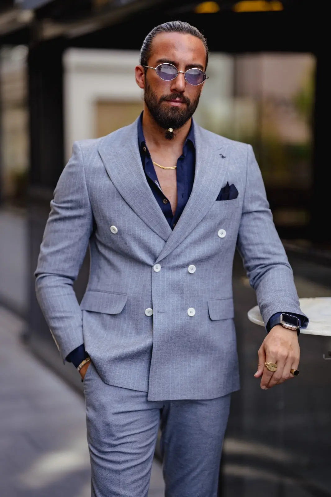 Vespo Pinstriped Navy-Blue Double Breasted Suit brabion