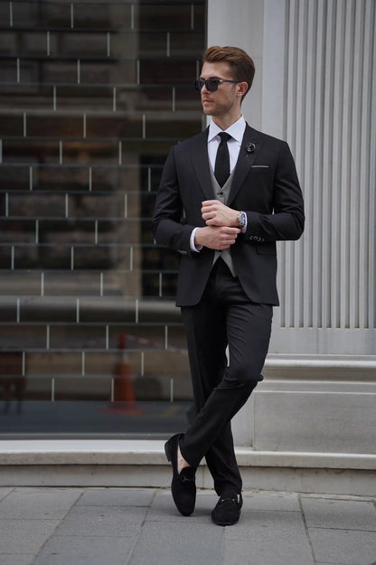 Daniel Black and Gray Wool Suit - Elegant Slim-Fit Three-Piece Ensemble brabion