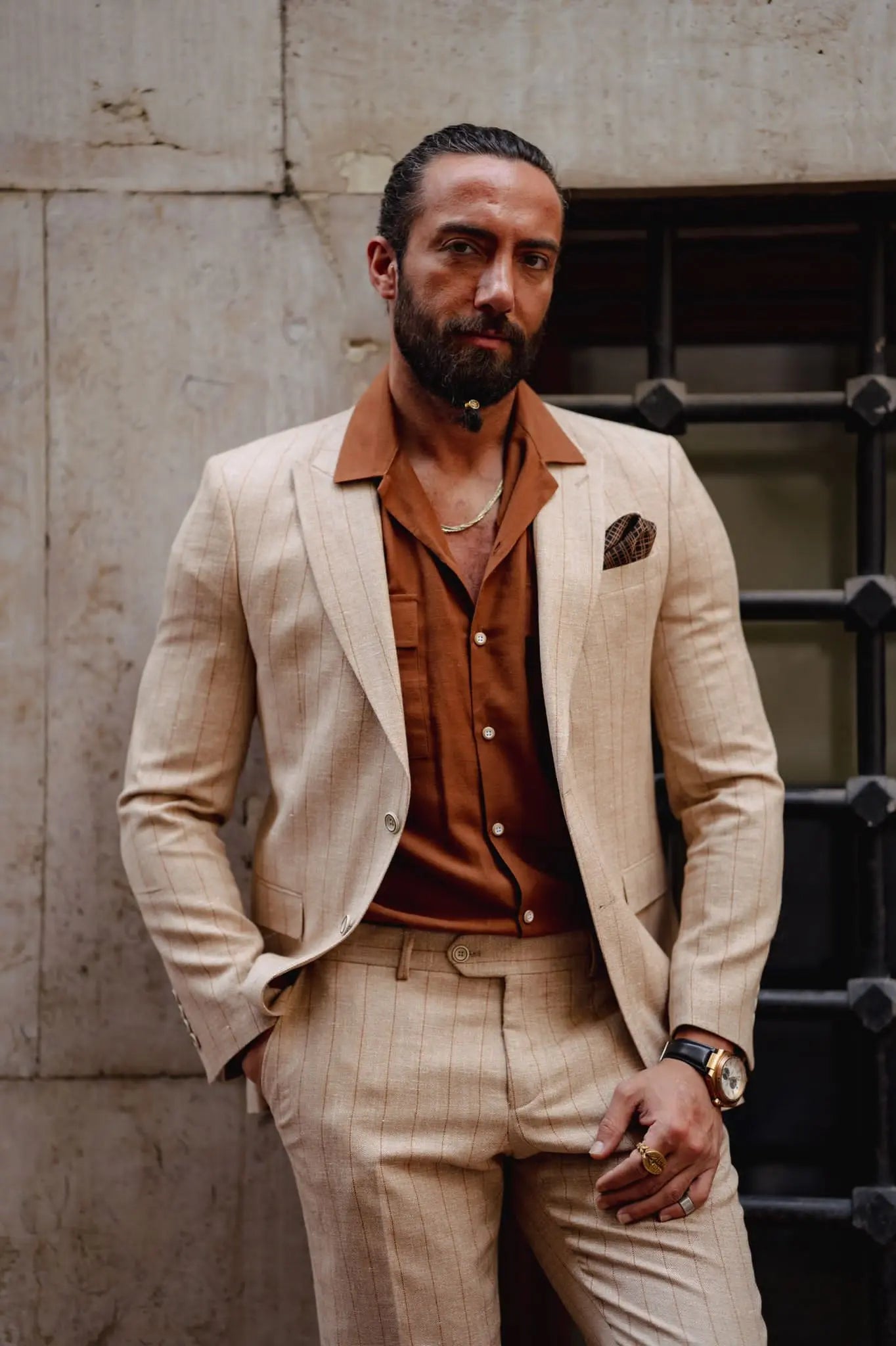Evo Beige Slim Fit Pinstripe Suit brabion
