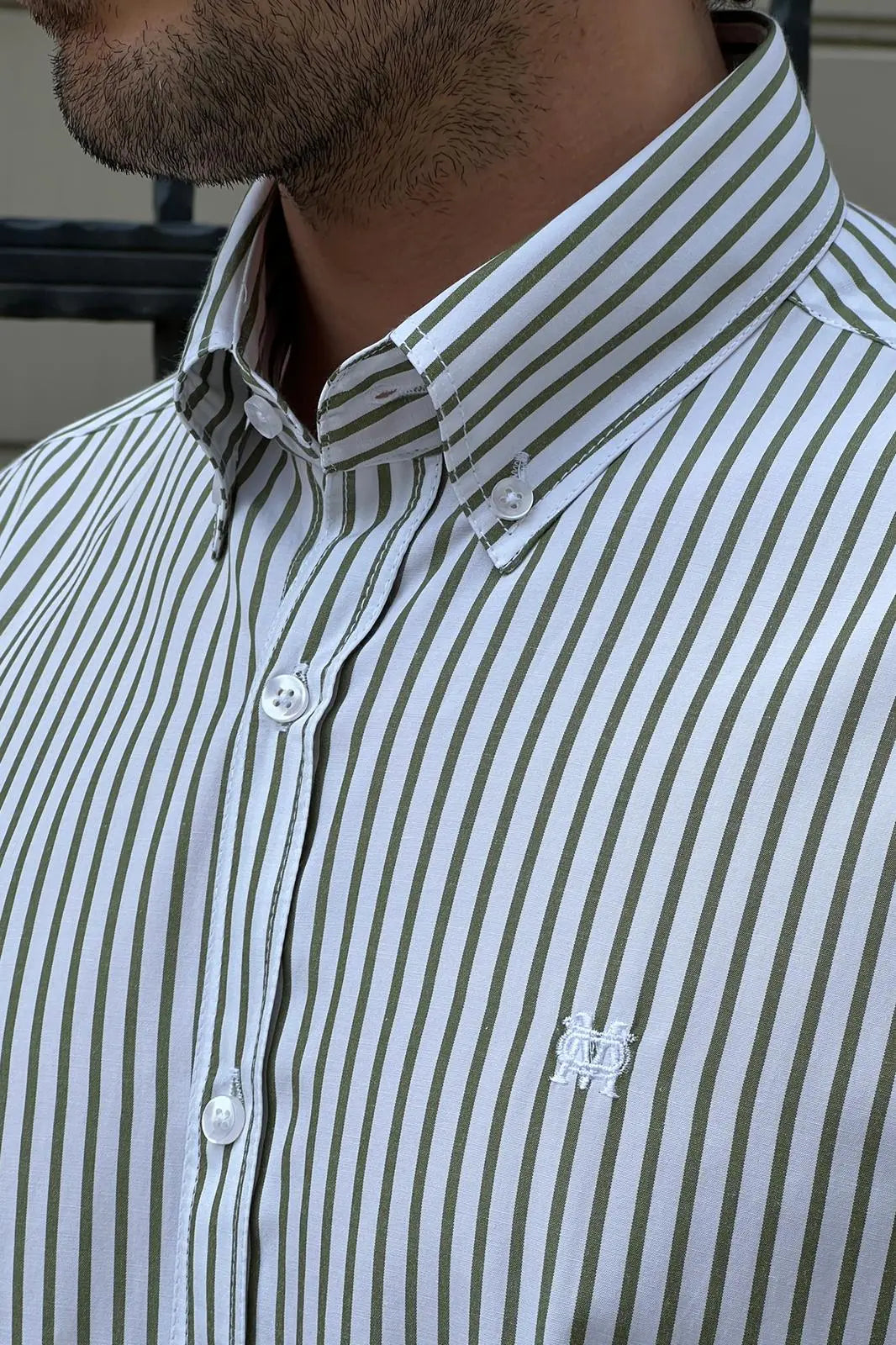 Brabion Daniel Striped White and Green Slim Fit Shirt - BRABION