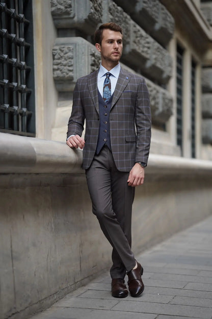 Daniel Plaid Brown Wool Suit - Elegant Three-Piece Slim-Fit Suit for Men brabion