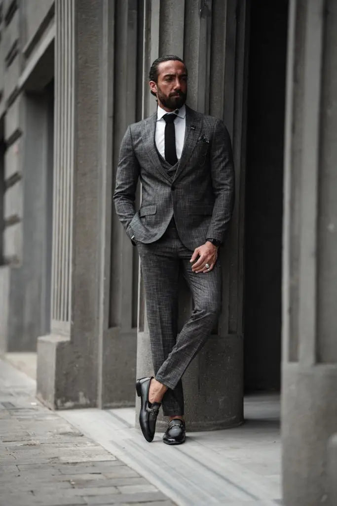 Evo Dark Gray Slim Fit Crosshatch Suit – Elevate Your Style brabion