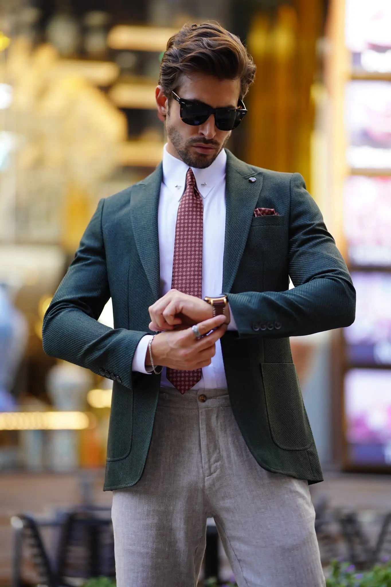 Vespo Self-Patterned Khaki Slim Fit Blazer - BRABION