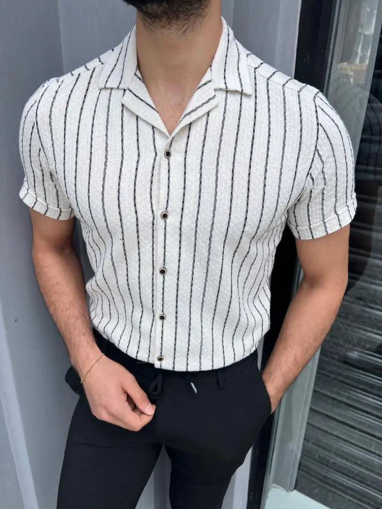 Brabion Lyon White Slim Fit Short Sleeve Striped Cotton Shirt - BRABION