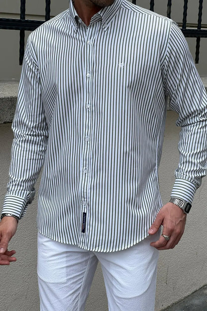 Brabion Daniel Striped White and Green Slim Fit Shirt - BRABION