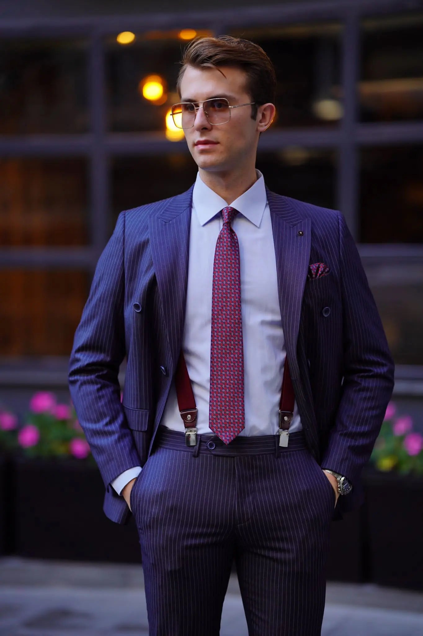 Vespo Pinstripe Navy Blue Double Breasted Suit for Modern Men brabion