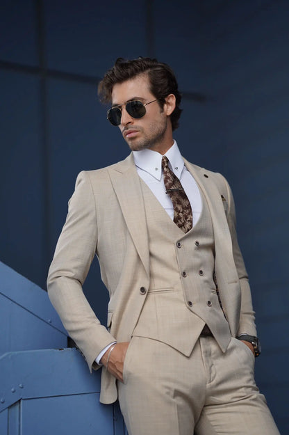 Daniel Slim Fit Cream Wool Suit - Three-Piece Elegance brabion