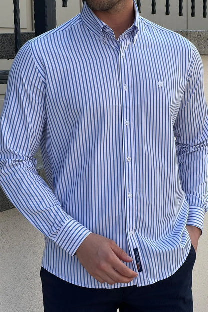Brabion Daniel Striped White and Blue Slim Fit Shirt - BRABION