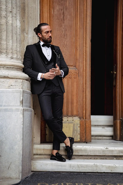 Daniel Black Slim Fit Velvet Peak Lapel Tuxedo - BRABION