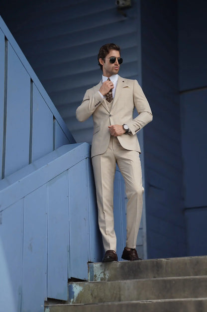Daniel Slim Fit Cream Wool Suit - Three-Piece Elegance brabion