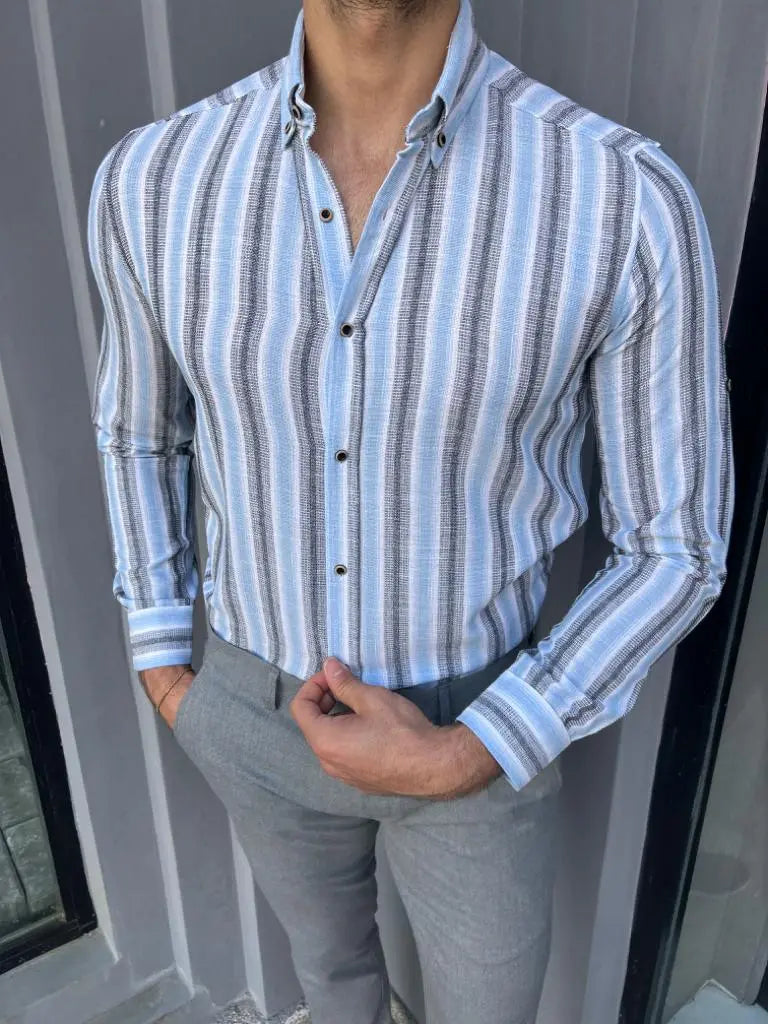 Brabion Lyon Blue Slim Fit Long Sleeve Striped Cotton Shirt - BRABION