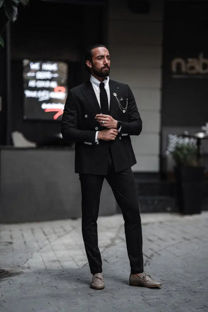Evo Black Slim Fit Double Breasted Suit - Perfect for Any Occasion brabion