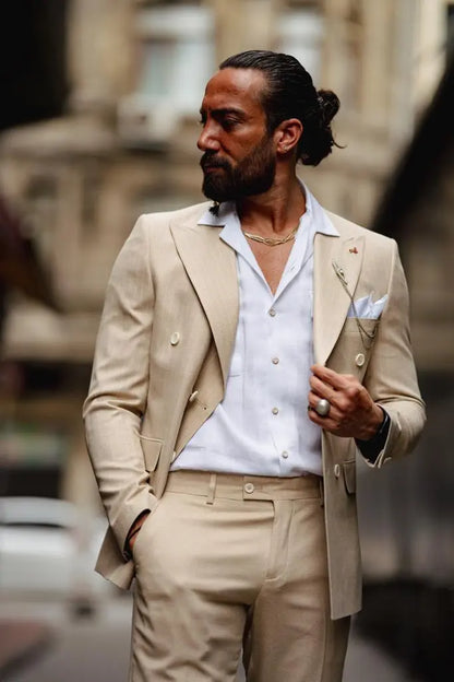 Evo Beige Slim Fit Double Breasted Pinstripe Suit brabion