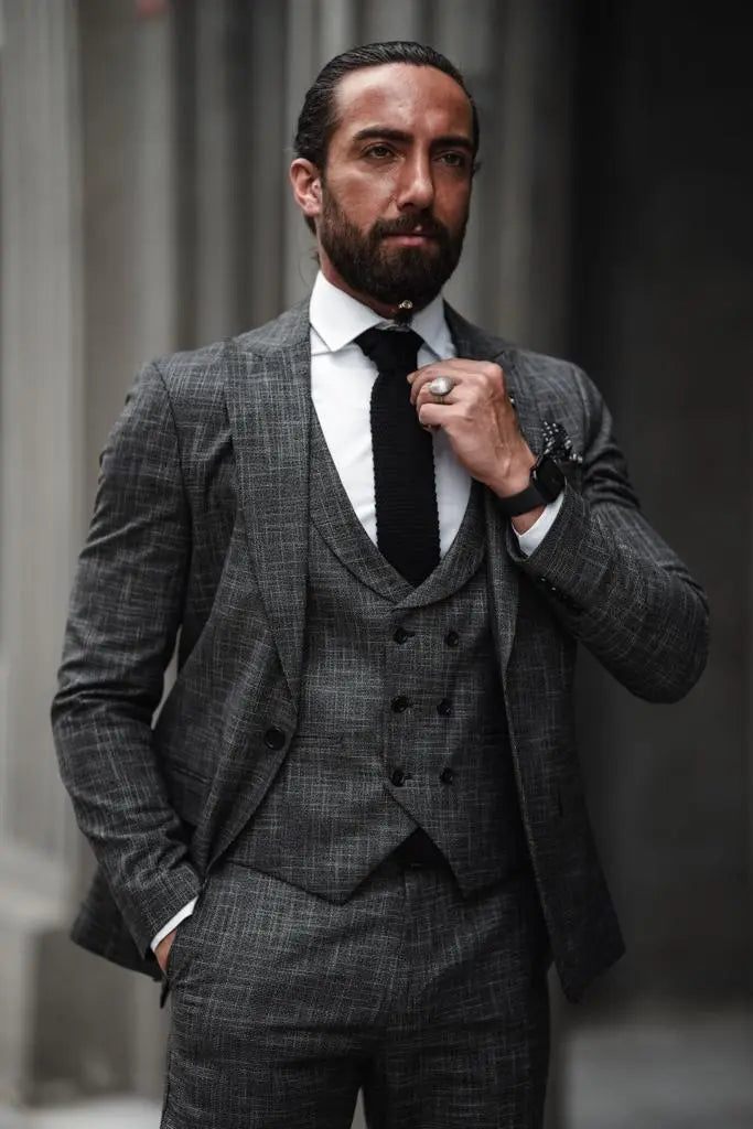 Evo Dark Gray Slim Fit Crosshatch Suit – Elevate Your Style brabion