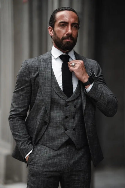 Evo Dark Gray Slim Fit Crosshatch Suit – Elevate Your Style brabion