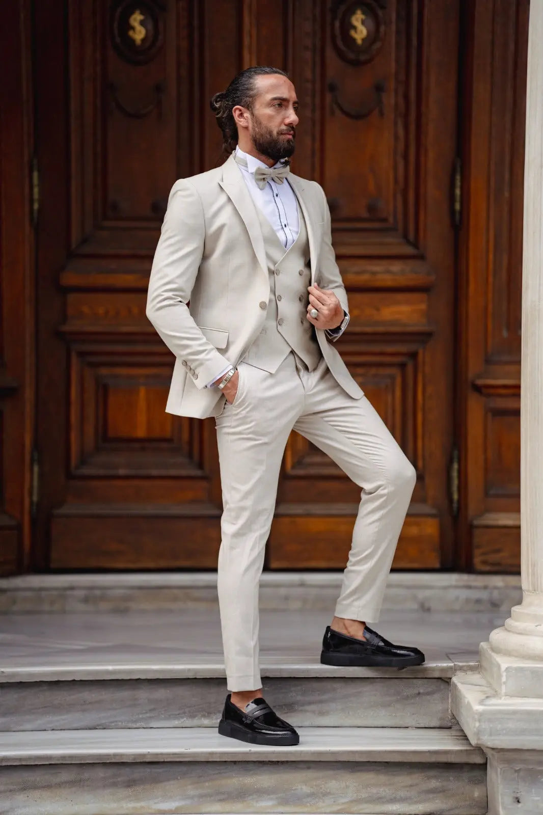Daniel Beige Slim Fit Peak Lapel Tuxedo - BRABION