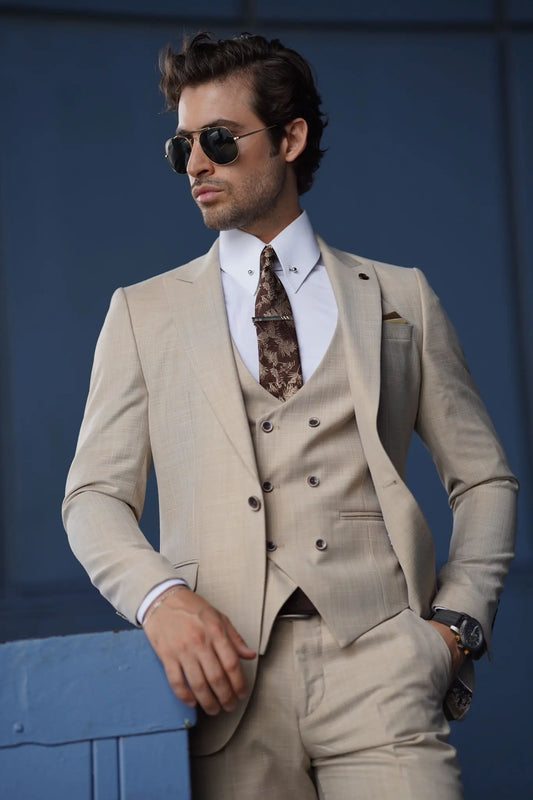 Daniel Slim Fit Cream Wool Suit - Three-Piece Elegance brabion