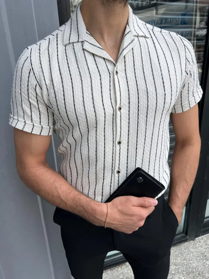 Brabion Lyon White Slim Fit Short Sleeve Striped Cotton Shirt - BRABION