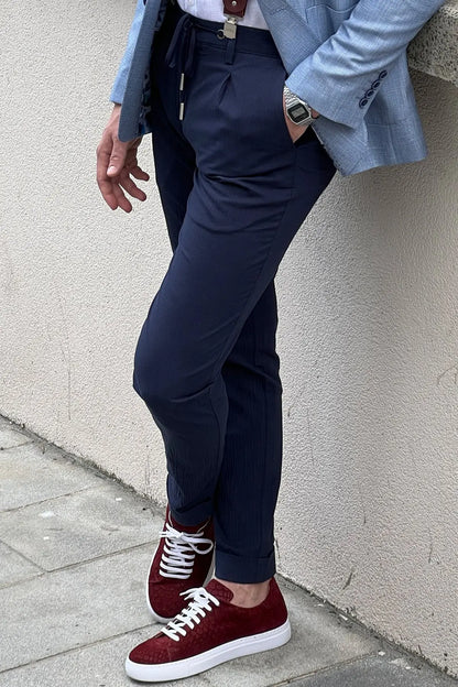 Daniel Navy Blue Cotton Pants - Slim-Fit Elegance - BRABION