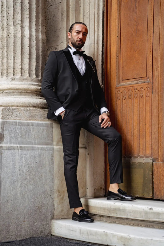 Daniel Black Slim Fit Velvet Peak Lapel Tuxedo - BRABION