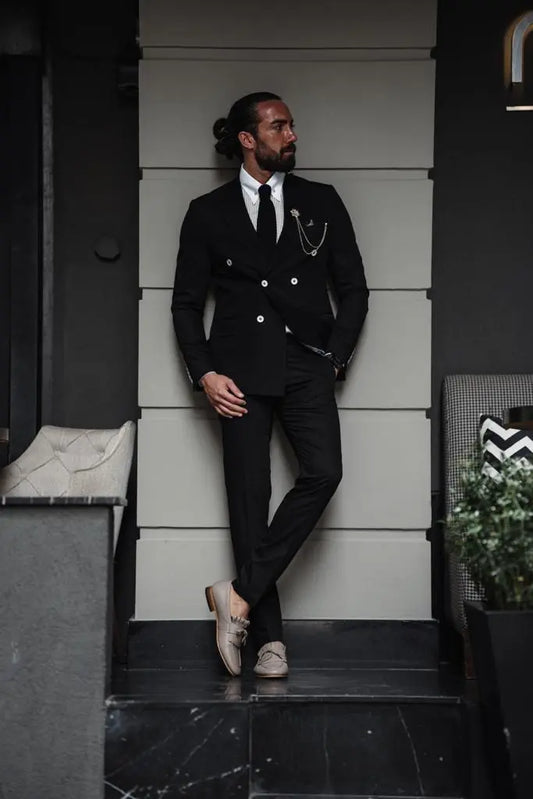 Evo Black Slim Fit Double Breasted Suit - Perfect for Any Occasion brabion