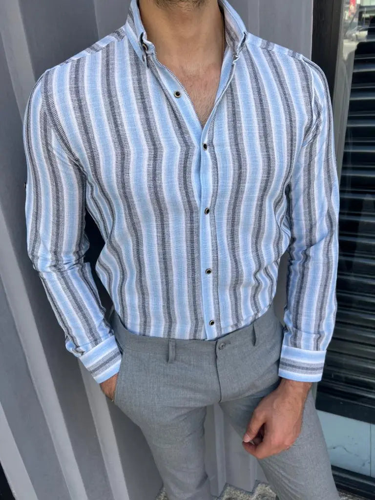Brabion Lyon Blue Slim Fit Long Sleeve Striped Cotton Shirt - BRABION