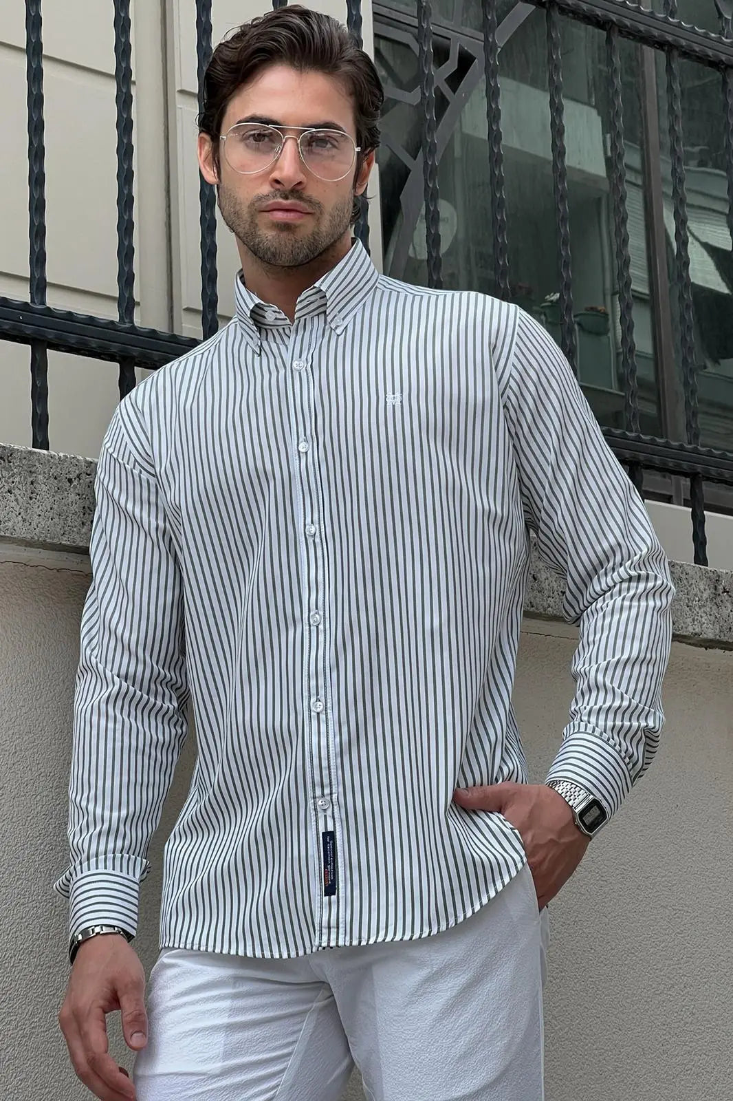 Brabion Daniel Striped White and Green Slim Fit Shirt - BRABION