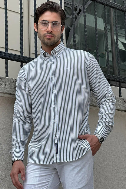 Brabion Daniel Striped White and Green Slim Fit Shirt - BRABION
