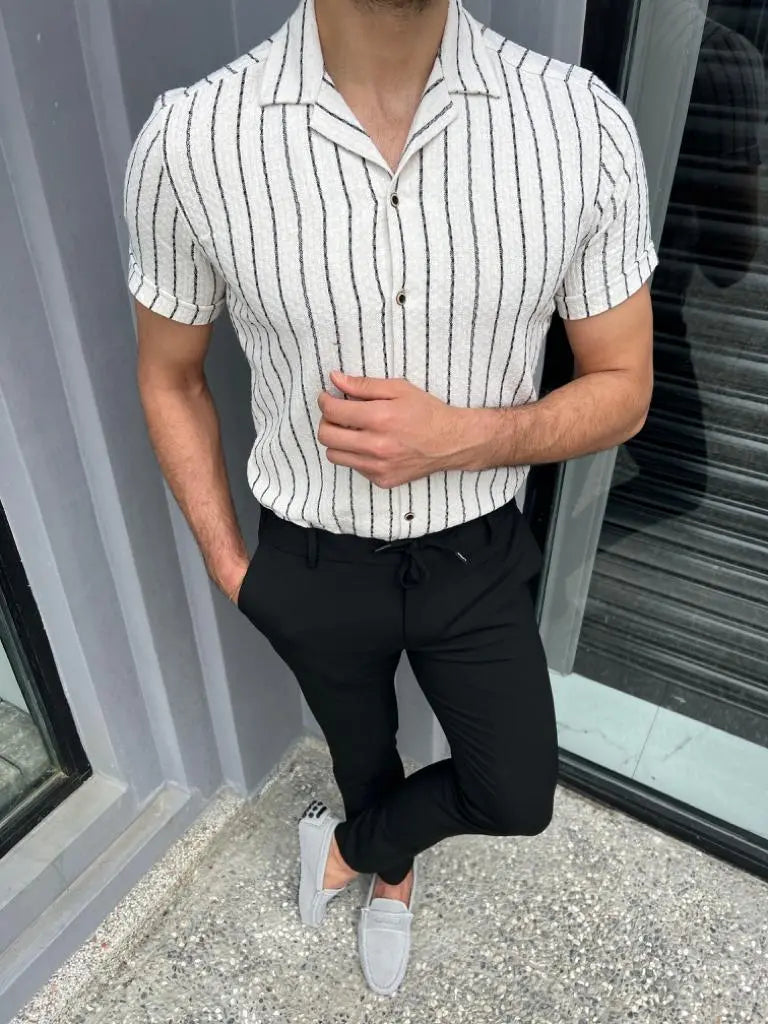 Brabion Lyon White Slim Fit Short Sleeve Striped Cotton Shirt - BRABION