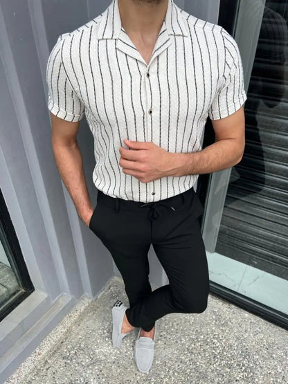 Brabion Lyon White Slim Fit Short Sleeve Striped Cotton Shirt - BRABION