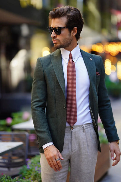 Vespo Self-Patterned Khaki Slim Fit Blazer - BRABION