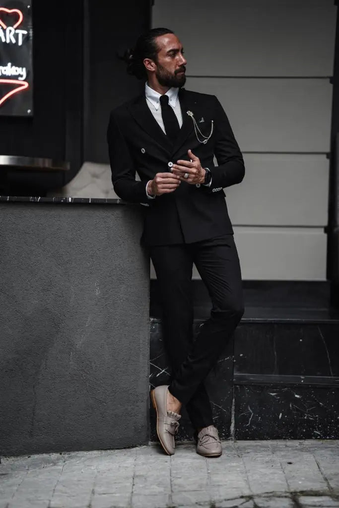 Evo Black Slim Fit Double Breasted Suit - Perfect for Any Occasion brabion