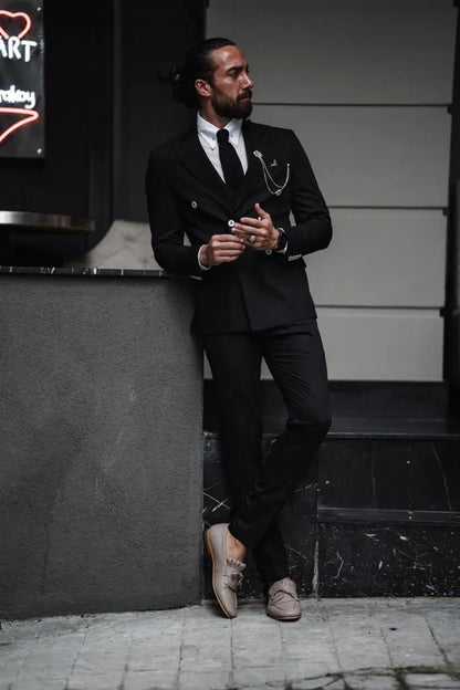 Evo Black Slim Fit Double Breasted Suit - Perfect for Any Occasion brabion