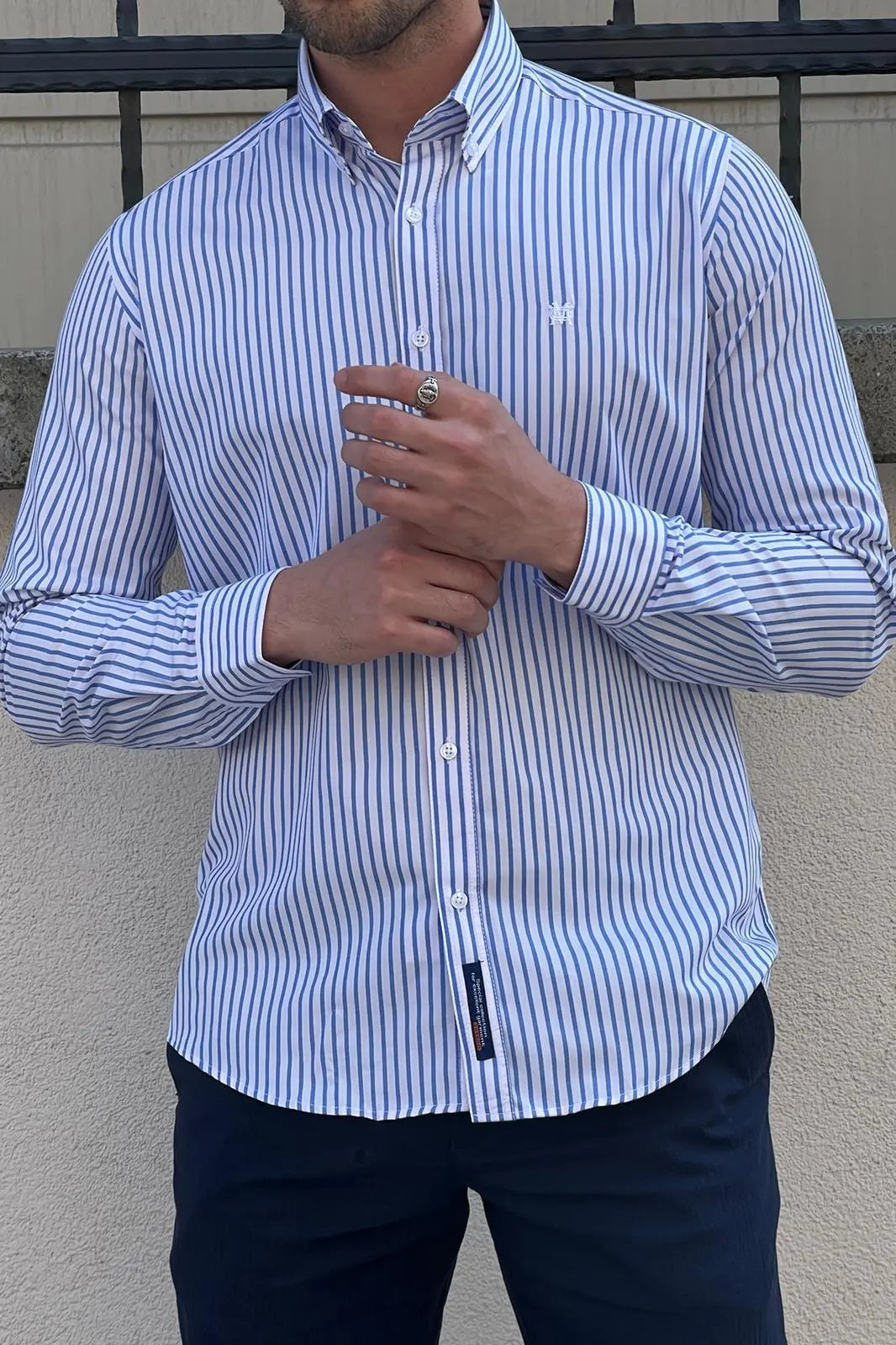 Brabion Daniel Striped White and Blue Slim Fit Shirt - BRABION