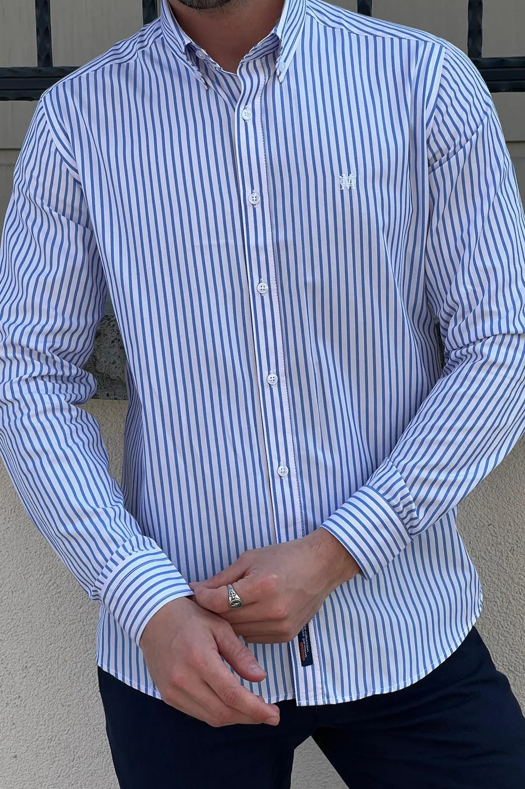 Brabion Daniel Striped White and Blue Slim Fit Shirt - BRABION