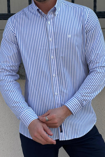Brabion Daniel Striped White and Blue Slim Fit Shirt - BRABION