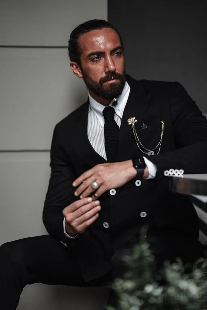 Evo Black Slim Fit Double Breasted Suit - Perfect for Any Occasion brabion