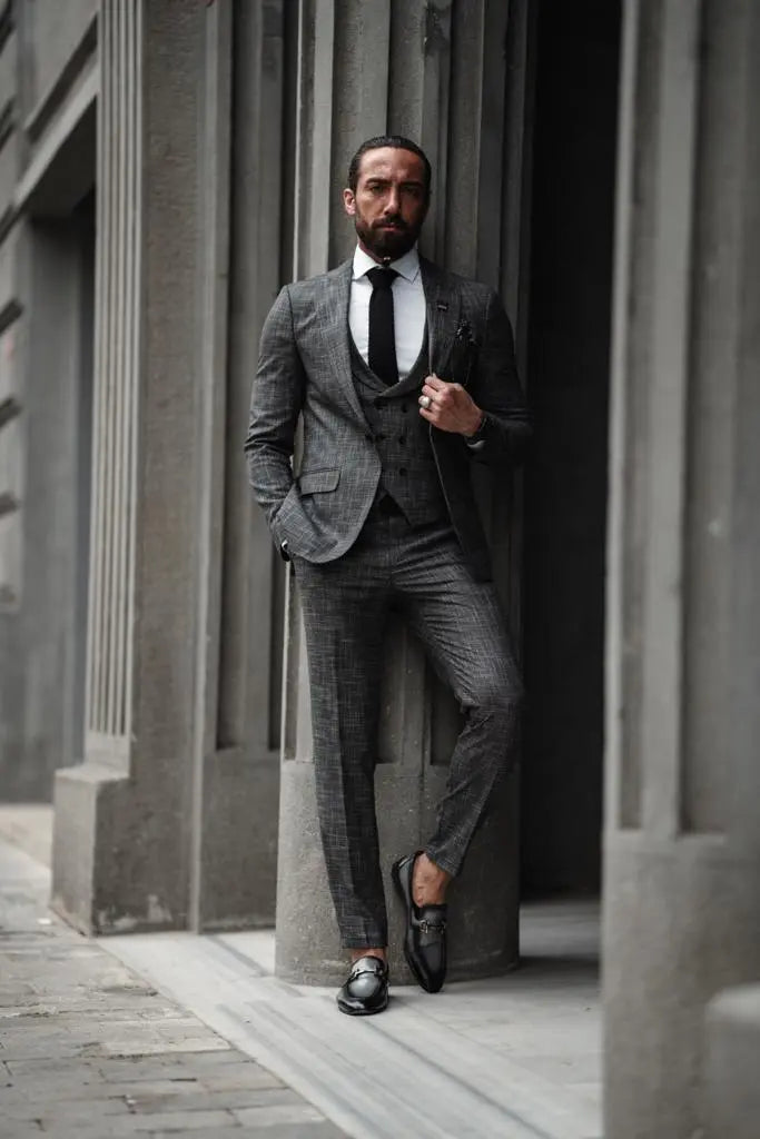 Evo Dark Gray Slim Fit Crosshatch Suit – Elevate Your Style brabion