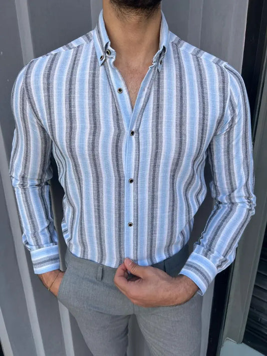Brabion Lyon Blue Slim Fit Long Sleeve Striped Cotton Shirt - BRABION