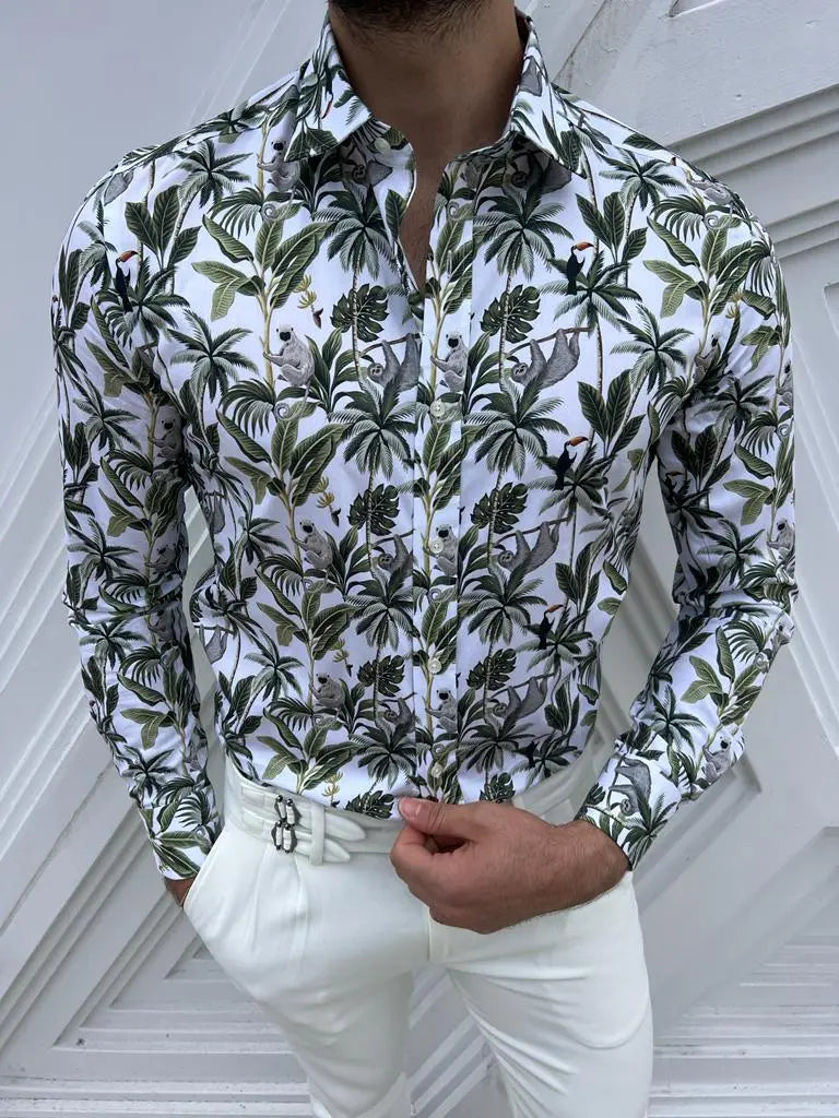Brabion Lyon White Green Slim Fit Long Sleeve Tropical Cotton Shirt - BRABION