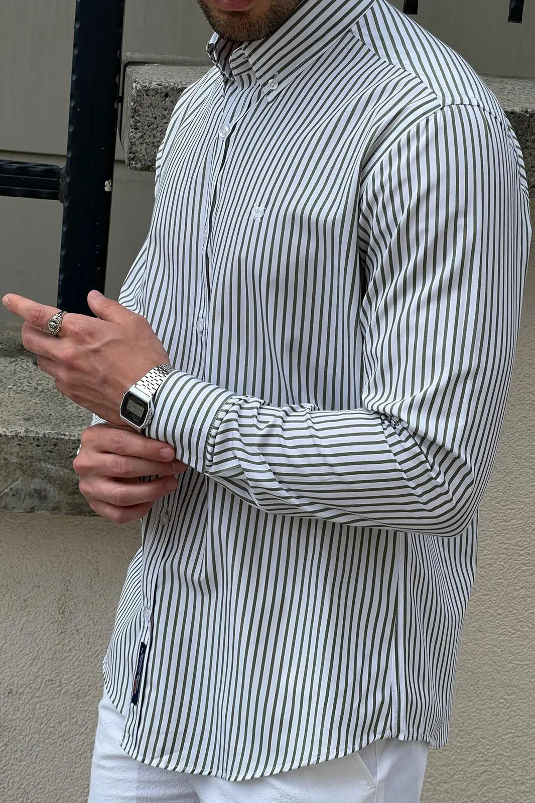 Brabion Daniel Striped White and Green Slim Fit Shirt - BRABION