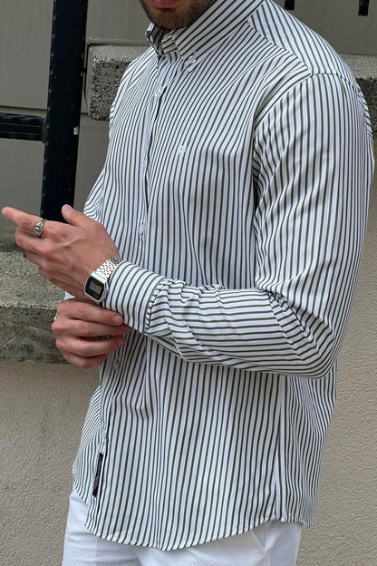 Brabion Daniel Striped White and Green Slim Fit Shirt - BRABION