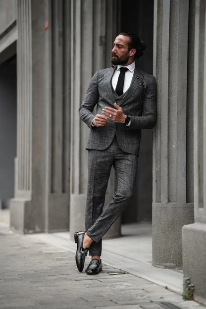Evo Dark Gray Slim Fit Crosshatch Suit – Elevate Your Style brabion