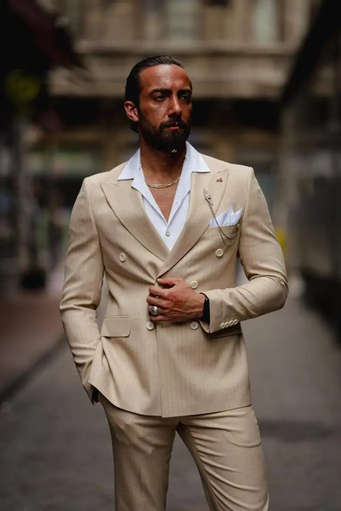 Evo Beige Slim Fit Double Breasted Pinstripe Suit brabion