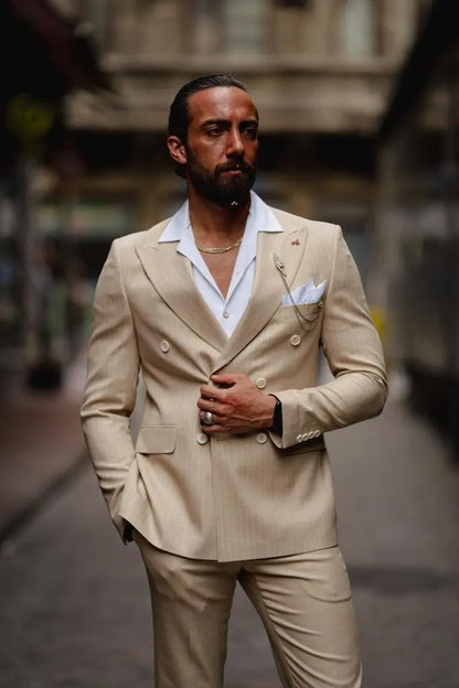 Evo Beige Slim Fit Double Breasted Pinstripe Suit brabion