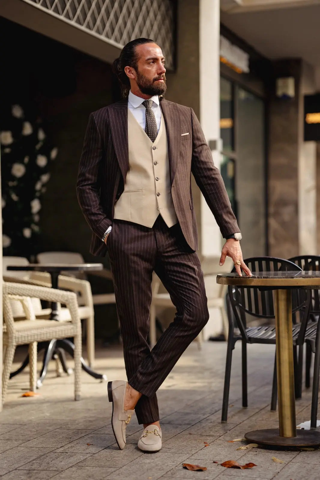 Vespo Beige & Brown Combination Suit - Slim-Fit Three-Piece Elegance brabion